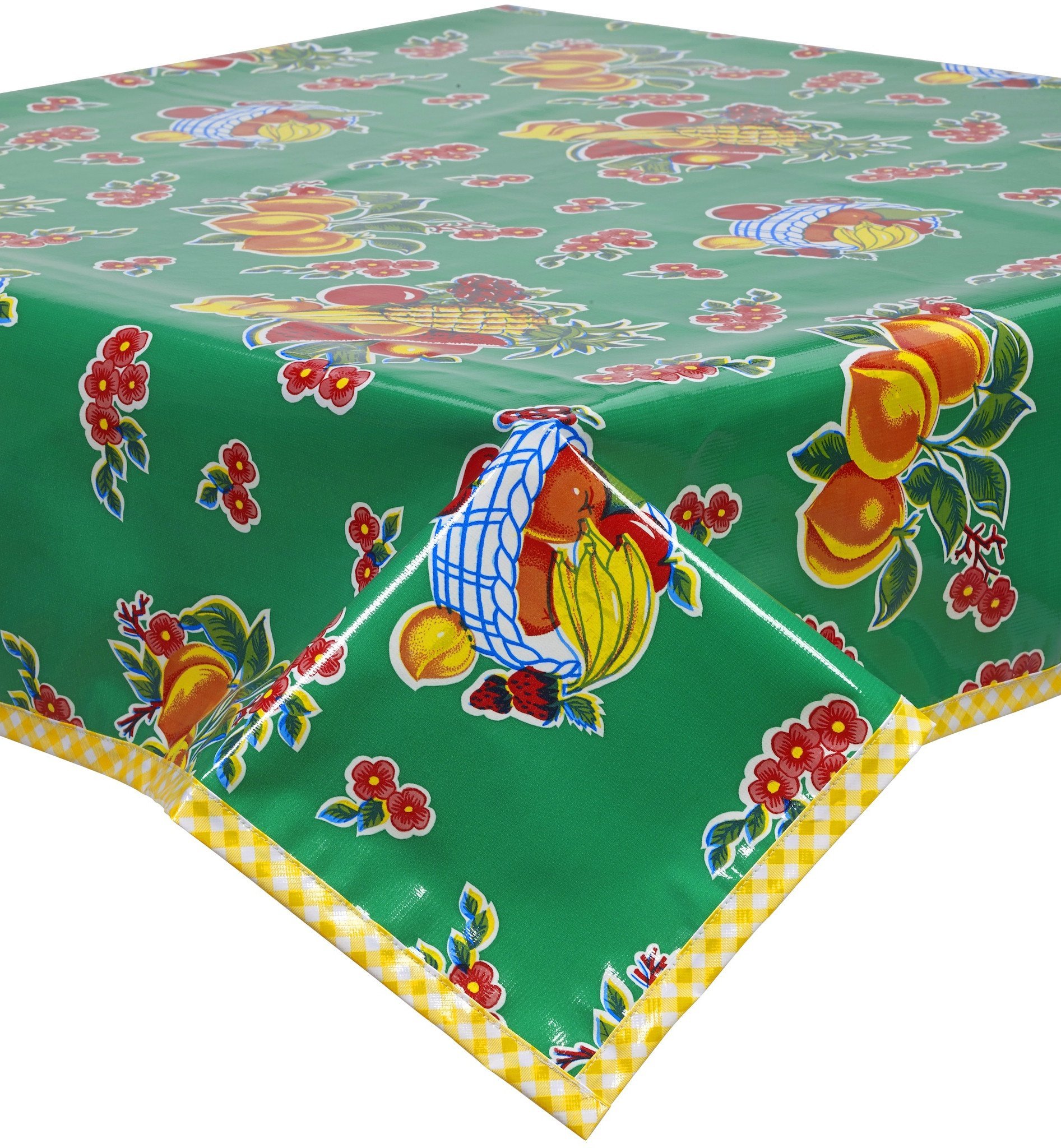 Freckled Sage Oilcloth Tablecloth with Yellow Gingham Trim - Waterproof & Washable - Choose Your Size (18