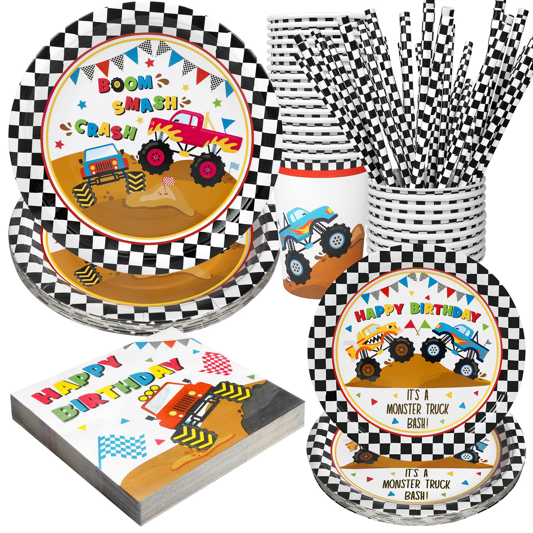 Monster Truck Party Supplies Decorations - 120 Pcs Kids Birthday Party Set with Paper Plates, Napkins, Cups & Straws for 24 Guests | Disposable Dinnerware for Dessert & Snacks | Perfect for Monster Truck Themed Birthday Parties & Kids Events