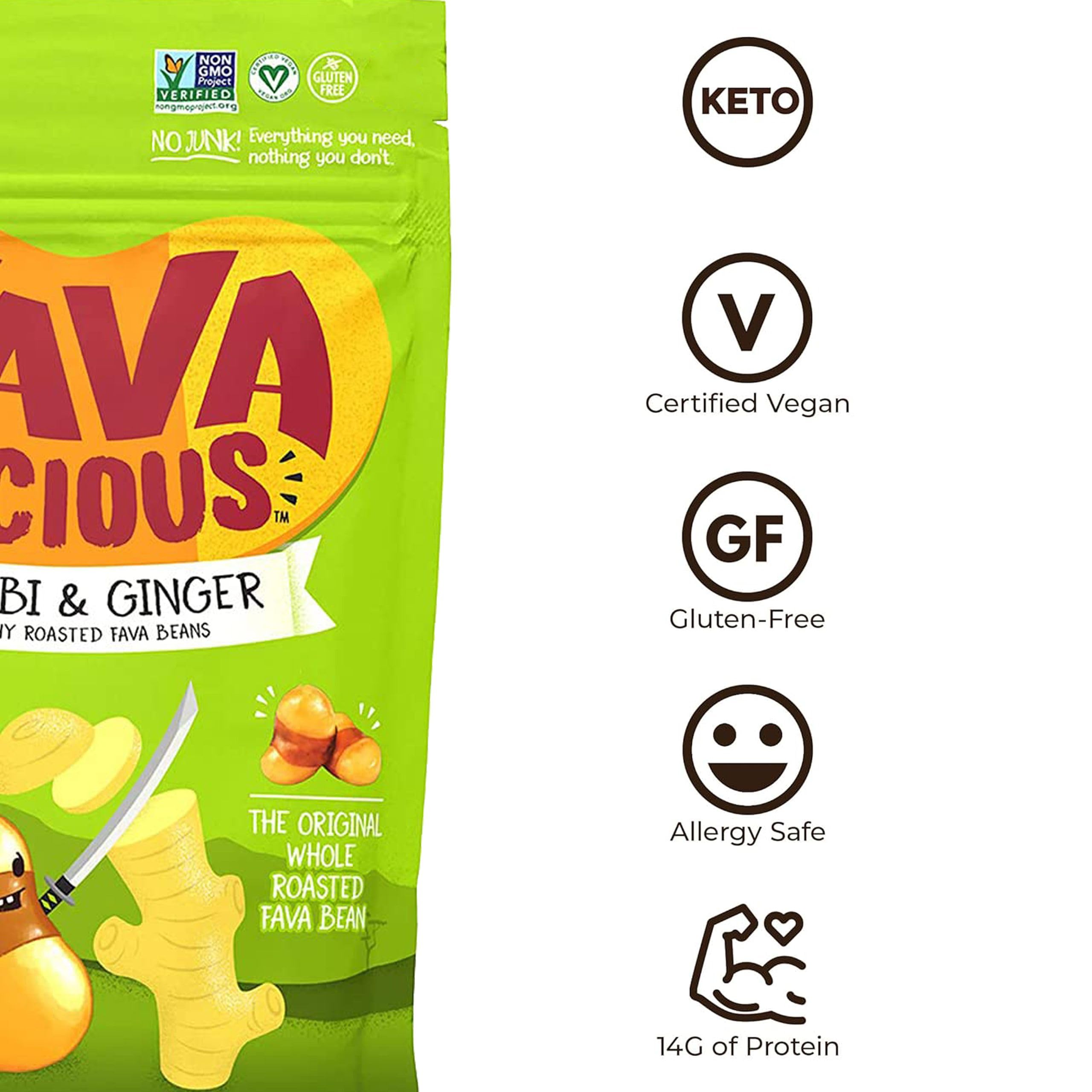 Nuttee Bean Favalicious Roasted Fava Bean Snacks - Vegan, Gluten-Free, Plant-Based Healthy Snacks for Adults & Kids - Wasabi & Ginger Flavor - 2 Oz (Pack of 12) - Perfect for Office, School, Travel & Movie Night Snacking