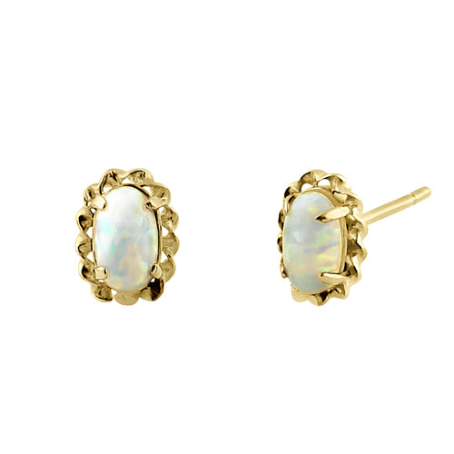 14K Yellow Gold White Lab Opal & CZ Halo Oval Stud Earrings for Women - Elegant Dainty Jewelry for Everyday Wear, Gift Giving & Special Occasions