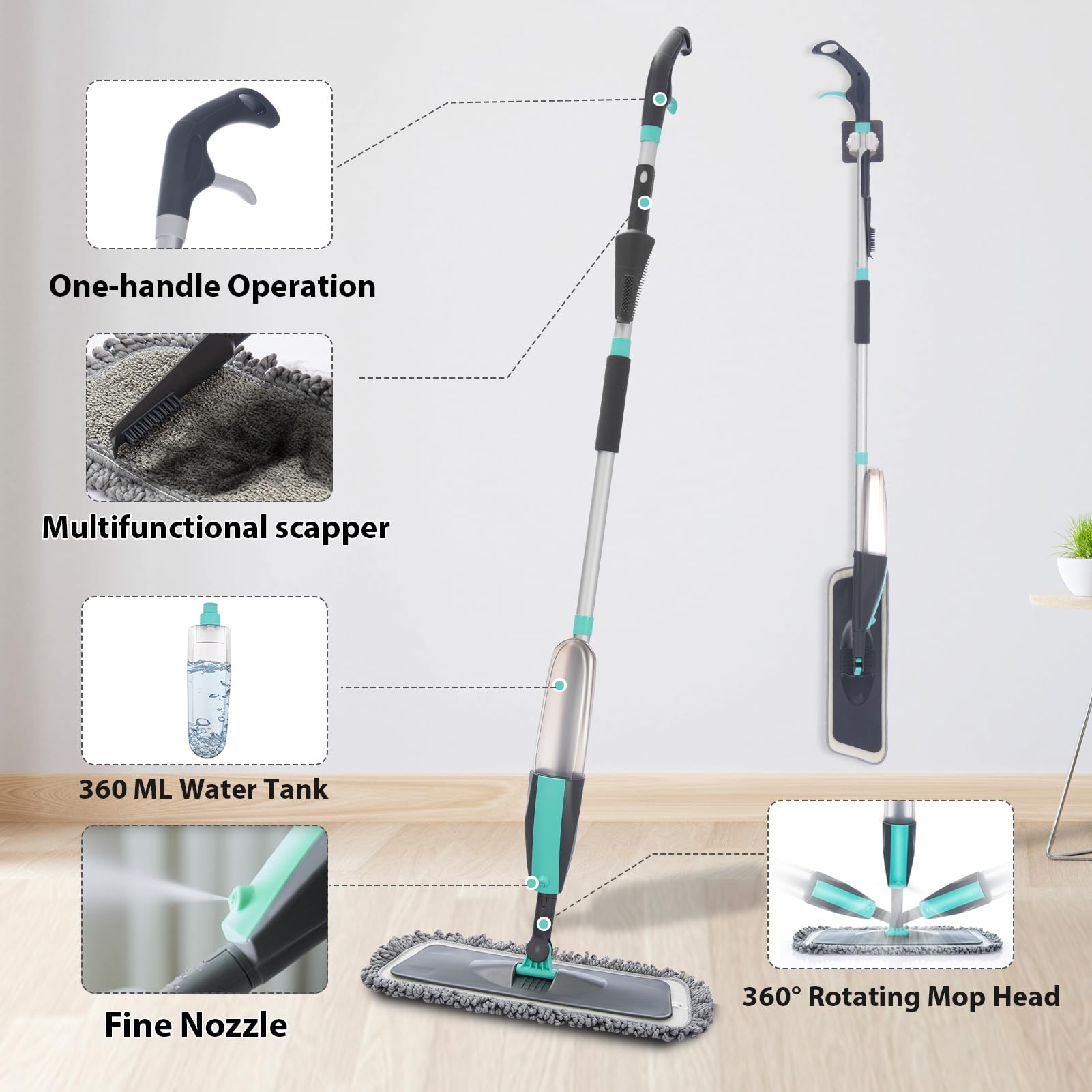 360° Spin Spray Mop for Hardwood Floors - Microfiber Floor Mop with 4 Washable Pads, Holder & Scraper - Wet & Dry Floor Cleaner for Dust, Spills & Stubborn Stains - Perfect for Kitchen, Bathroom & Tile Cleaning