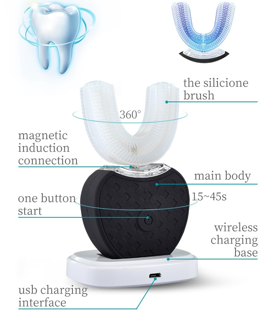 U-Shaped Electric Toothbrush for Adults - 360° Ultrasonic Teeth Whitening Toothbrush with Wireless Charging & LED Light - IPX7 Waterproof - Perfect for Travel, Home Use and Oral Care Gifts