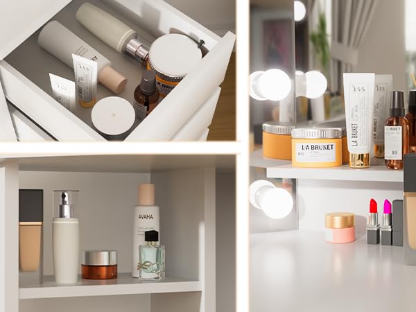 White Vanity Desk with Mirror & LED Lights - 5-Drawer Makeup Dressing Table for Women & Girls | Perfect for Bedroom, Dorm Room, and Small Spaces