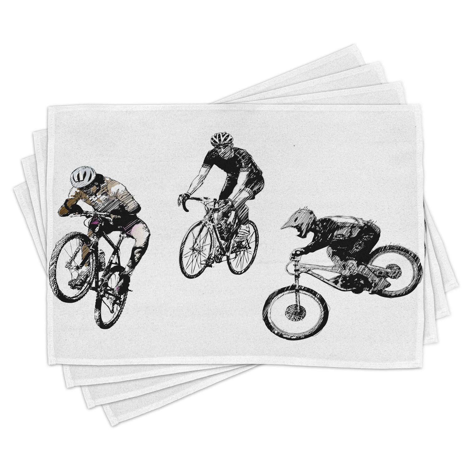 Ambesonne Sketchy Place Mats Set of 4 - Hand Drawn Cyclists Bicycle Design with Tour De France Theme, Washable Fabric Table Mats for Dining Room & Kitchen Decor in Black and White | Perfect for Cycling Enthusiasts, French-Themed Dinners & Outdoor Dining Events