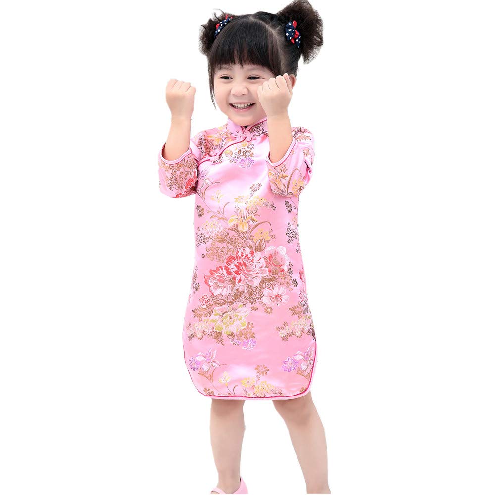 Elegant Chinese Qipao Dress for Girls - Peony Rose Print Half Sleeve Cheongsam for Wedding, Birthday Party & Special Occasions | Princess Costume & Traditional Chinese Dress for Kids