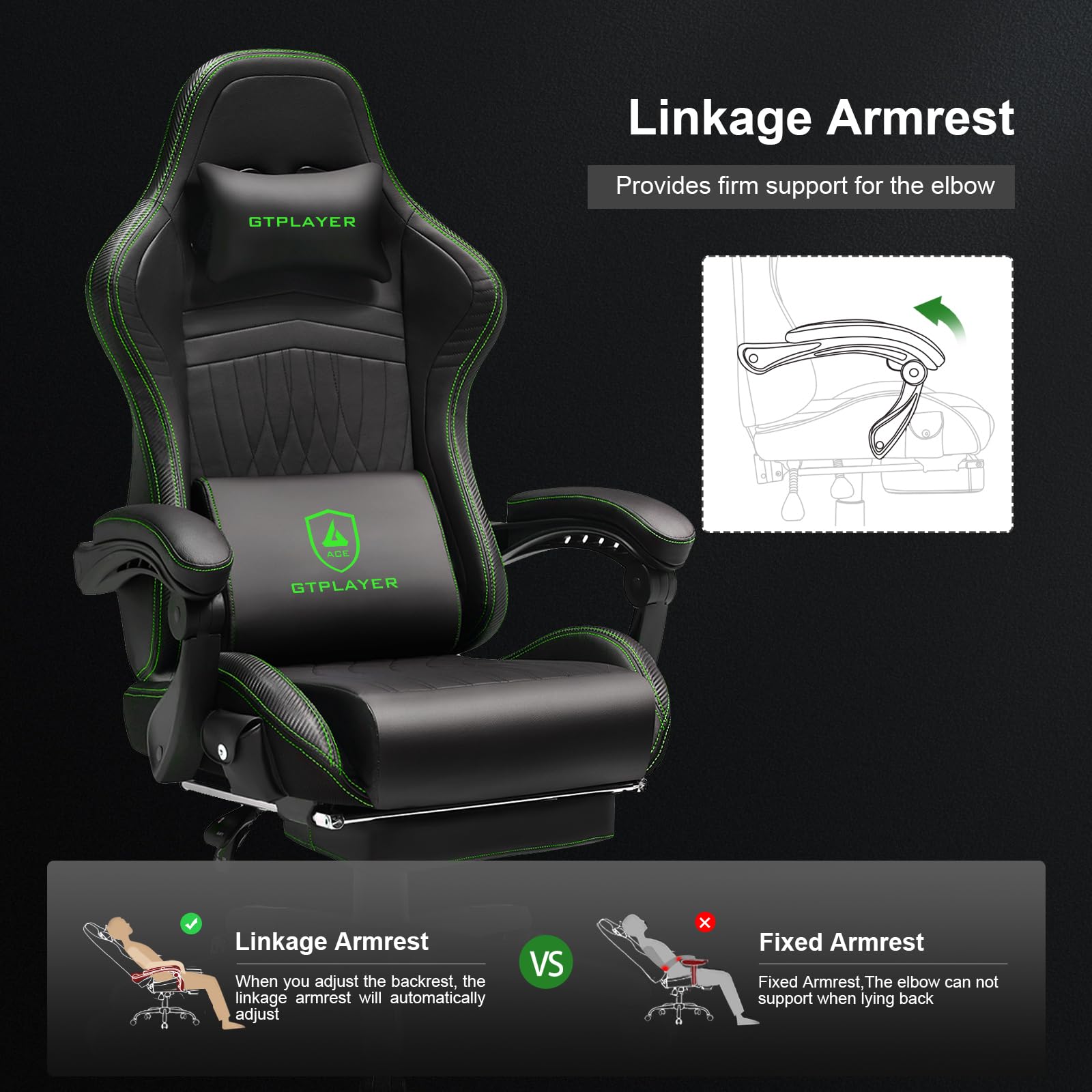 GTPLAYER Ergonomic Gaming Chair - High Back Racing Style Computer Desk Chair with Adjustable Lumbar Support (PU Leather, Green) - Perfect for PC Gaming, Office Work & Home Study