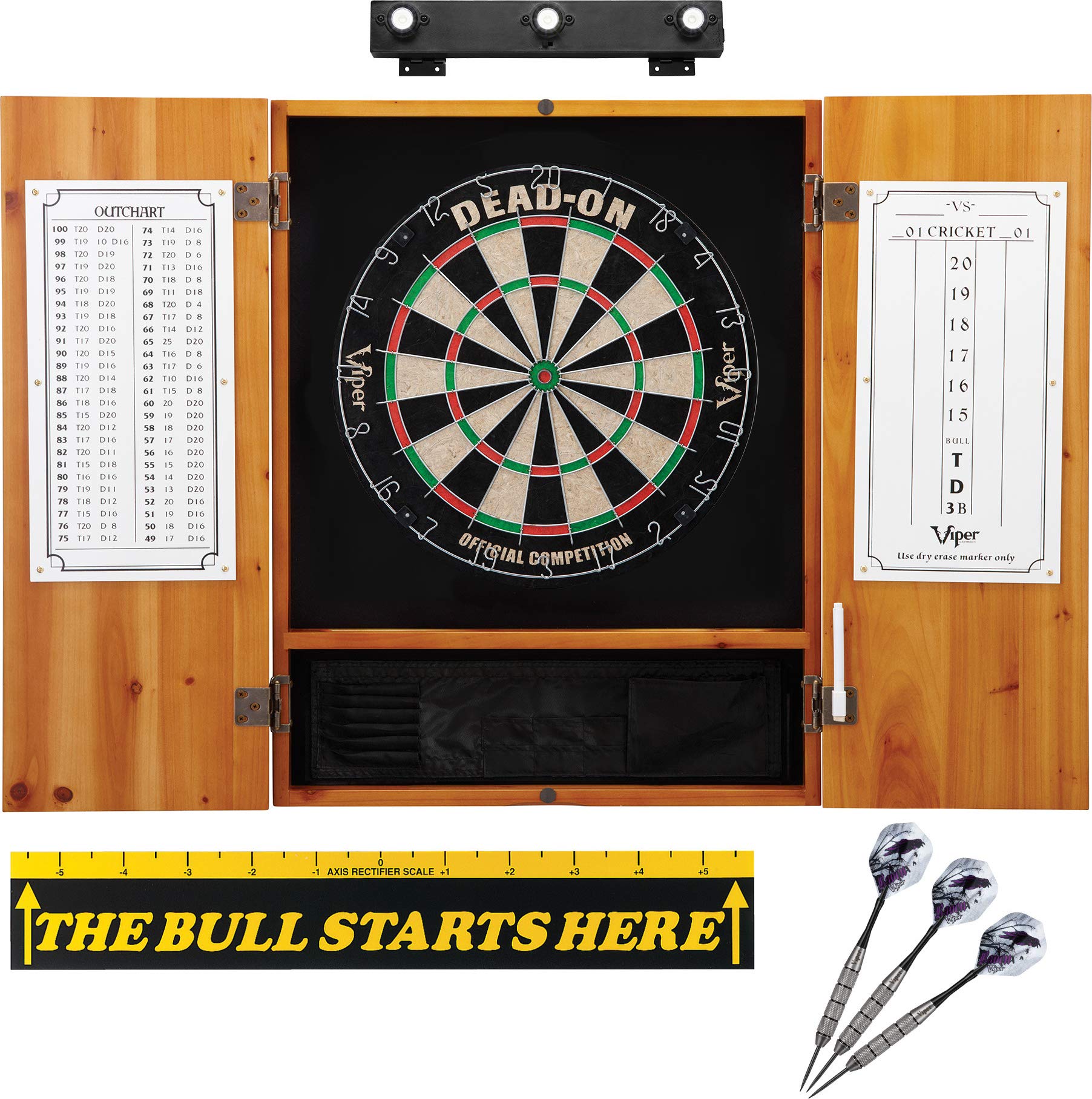 Premium Viper Dead On Professional Sisal Dartboard Set with Metropolitan Oak Cabinet, Shadow Buster LED Dartboard Lights & The Bull Starts Here Throw Line Marker - Perfect for Home Game Rooms, Bars, and Professional Dart Tournaments