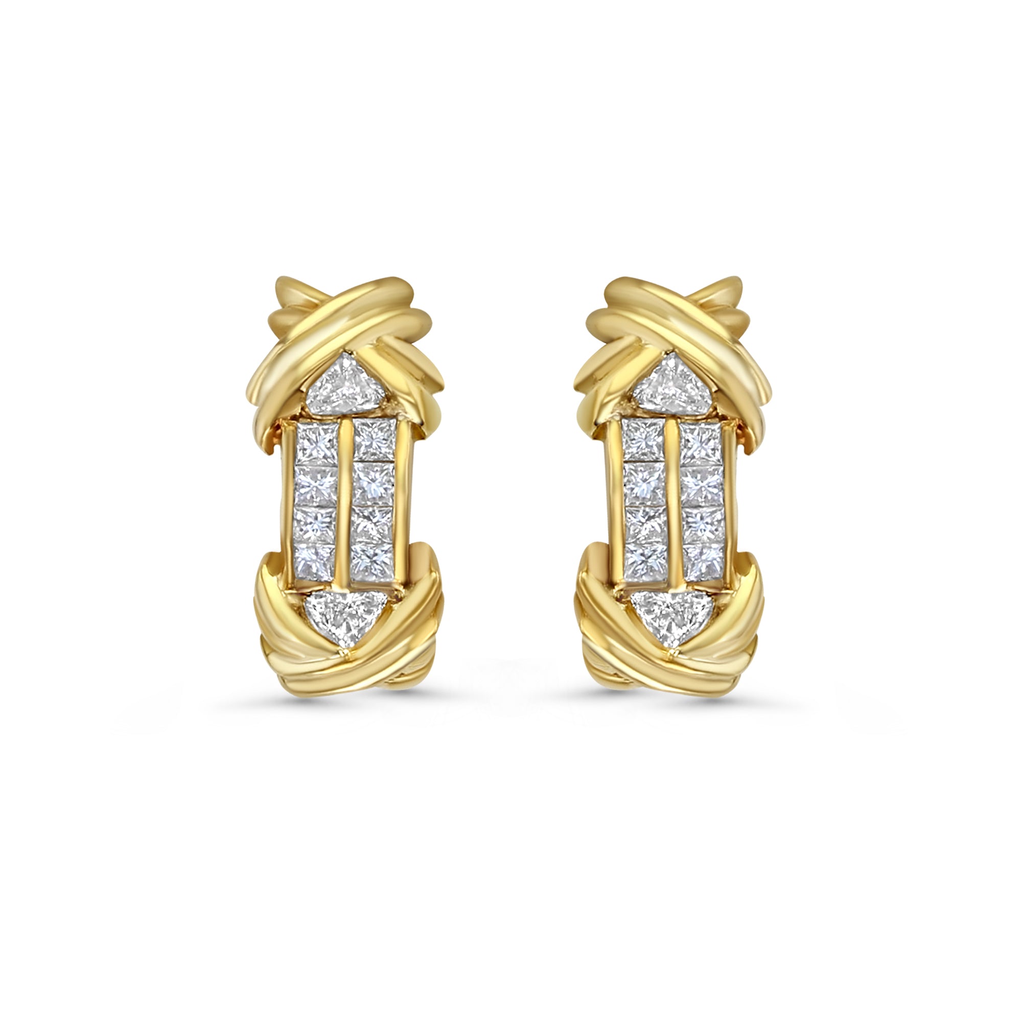 14K Yellow Gold Double 'X' Princess & Trillion Cut Diamond Earrings for Women - Elegant Jewelry Gift for Anniversary, Wedding & Special Occasions