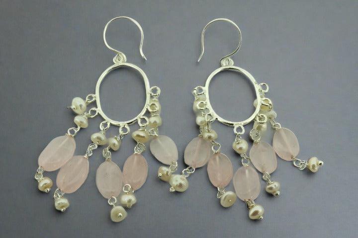 Rose Quartz & Pearl Hoop Earrings - Sterling Silver Jewelry for Women, Elegant Boho Dangle Earrings for Party, Wedding & Everyday Wear
