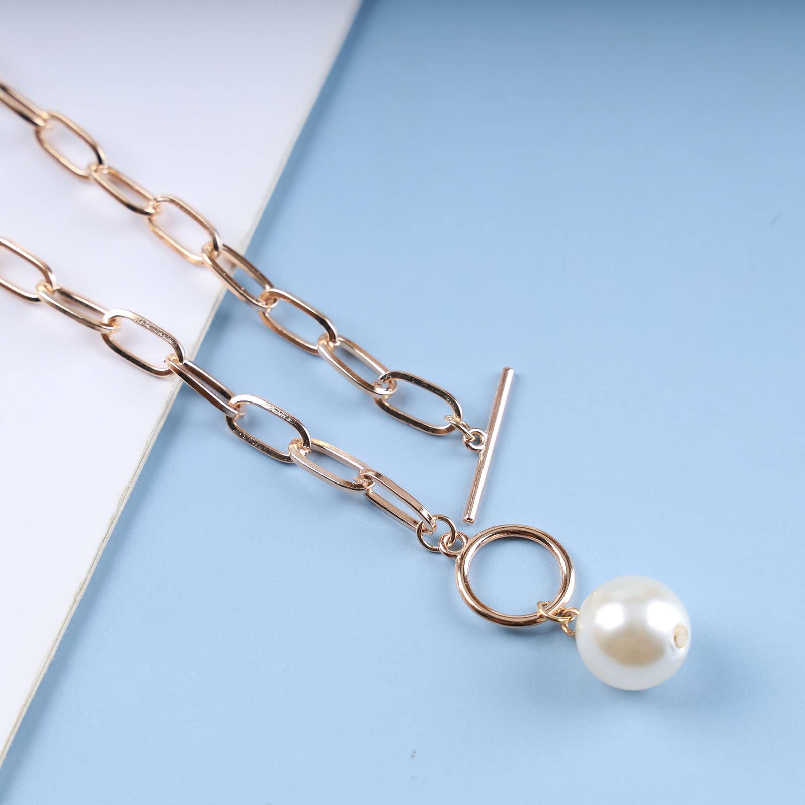 Bohemian Pearl Pendant Necklace with Paperclip Chain - 18K Gold Plated T-Bar Necklace Jewelry for Women & Girls | Perfect for Weddings, Parties & Everyday Elegant Style