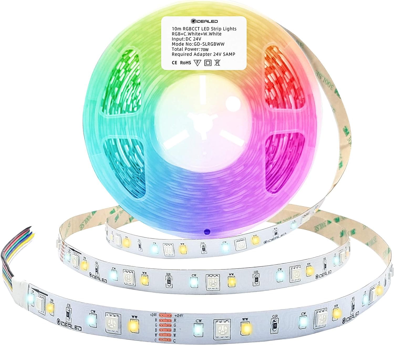 GIDEALED 10M RGBWW LED Strip Lights, 24V, Dimmable RGBCCT Light Strip with Cold White & Warm White (2300K-6000K), SMD5050, 6 Wires, Full Color, Daylight - Perfect for Home Decoration, Bedroom Lighting, and Party Ambiance