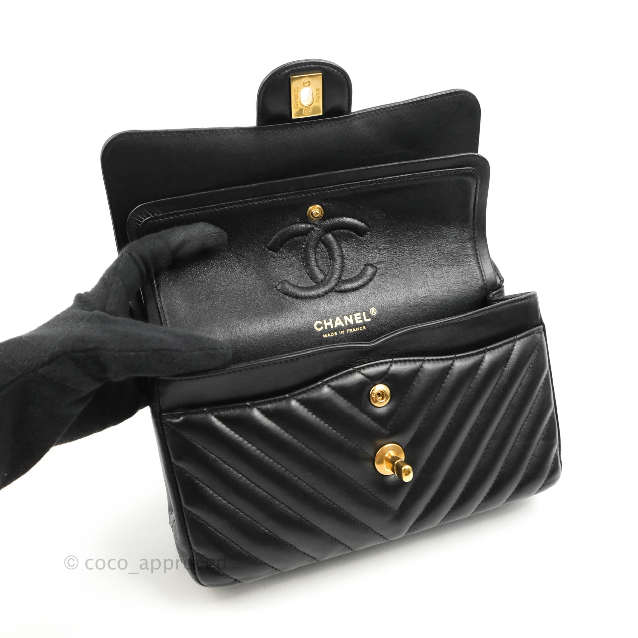 Chanel Classic Chevron Small Medium Double Flap Bag Black Lambskin Leather with Gold Hardware - Luxury Crossbody Purse for Women, Perfect for Date Night & Special Occasions