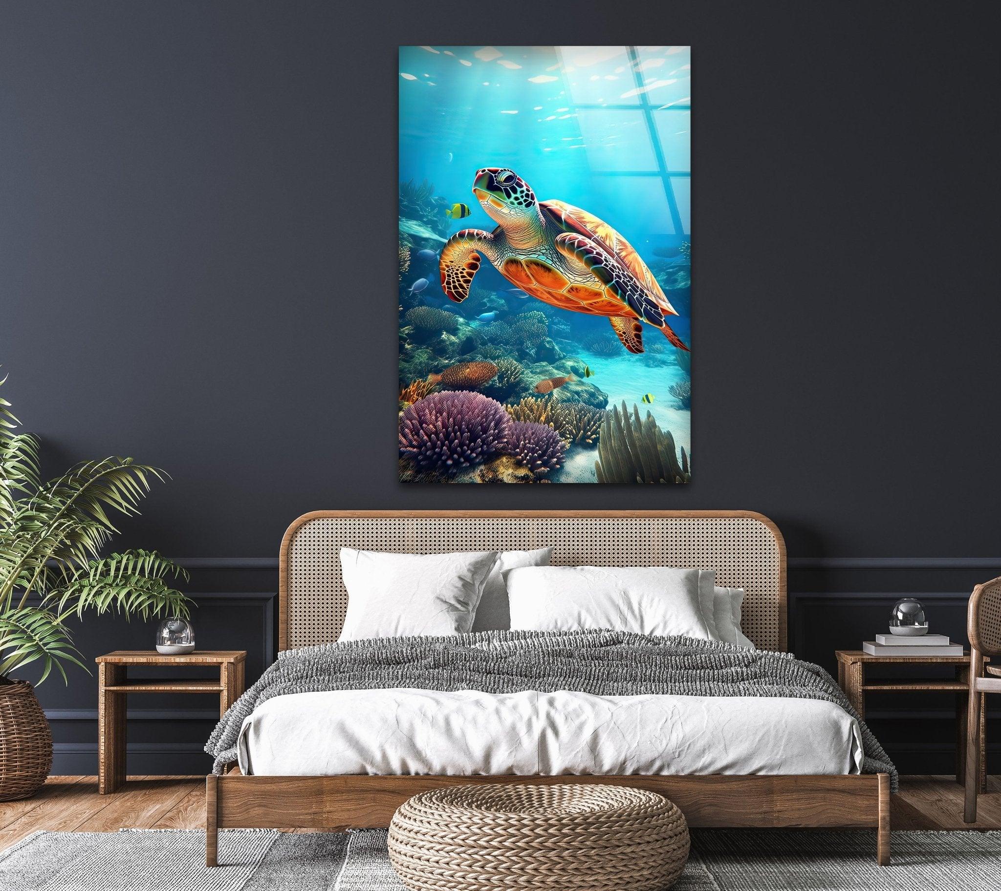 Stunning Aquatic Turtle Glass Wall Art - Handmade Sea Turtle Decor for Home & Office - Perfect for Living Room, Bedroom, or Bathroom Wall Decor