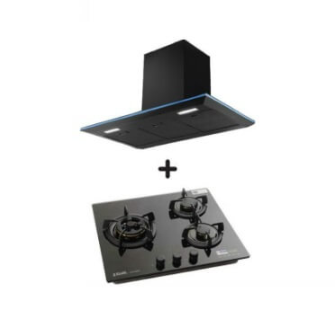 Ellane EH 2690 90cm Black Stainless Steel Designer Chimney Range Hood + Ellane WG 248SV 3 Burner Tempered Glass Cooktop with Safety Device - Modern Kitchen Ventilation & Cooking Solution for Home Chefs