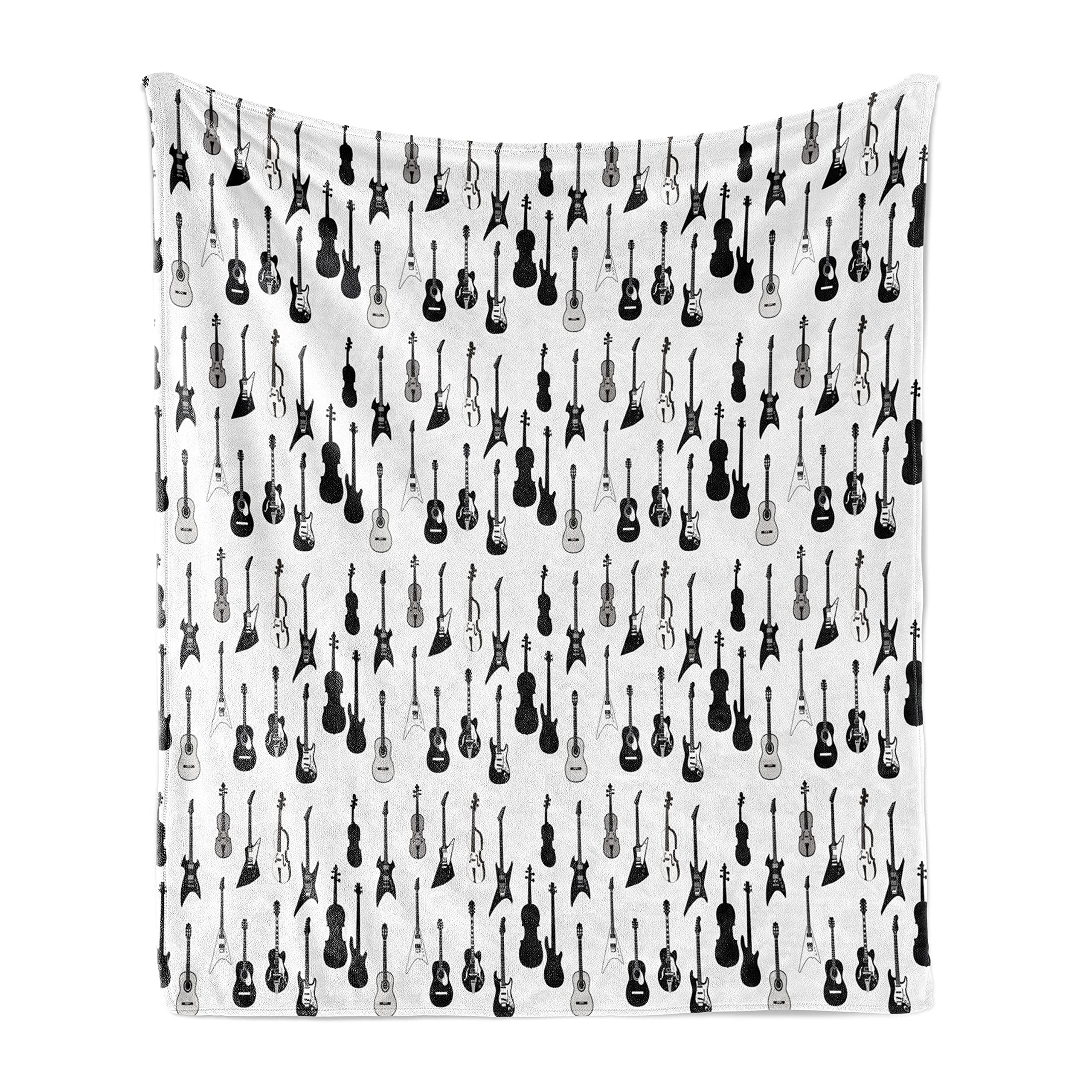 Ambesonne Music Themed Throw Blanket - Monochrome Acoustic & Electric Guitar, Cello, Violin Design - Soft Flannel Fleece Blanket for Couch, Bed, Sofa - 50