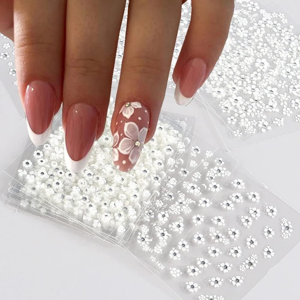 3D White Flower Nail Art Stickers with Rhinestones - Self-Adhesive Nail Decals for Professional Salon & Home Manicure - 30 Sheets Floral Nail Designs for Wedding, Party & Everyday Nail Decorations
