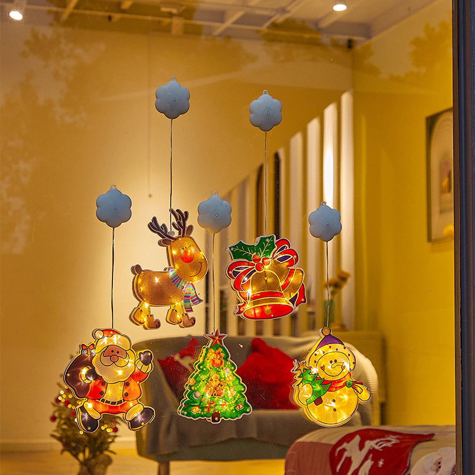 Battery Powered LED Christmas Window Lights with Suction Cup - Elk & Snowmen Xmas Tree Shaped Hanging Lights for Holiday Party Decorations | Indoor/Outdoor Christmas Decor, Home & Office Festive Lighting