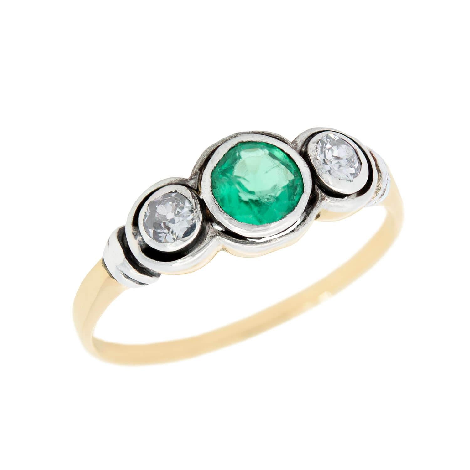 Victorian Style 14k Gold & Sterling Silver Emerald and Diamond Three Stone Ring - Elegant Jewelry for Weddings, Anniversaries & Special Occasions