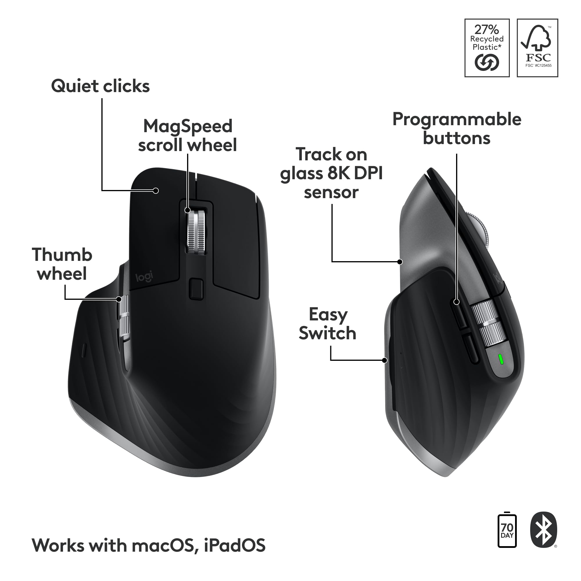 Logitech MX Keys S Combo for Mac - Wireless Keyboard & Mouse Set with Backlit Keys, Palm Rest & Fast Scroll Mouse | Bluetooth & USB-C Connectivity | Compatible with MacBook Pro, MacBook Air, iMac & iPad (Space Gray) | Perfect for Home Office, Remote Work & Creative Professionals