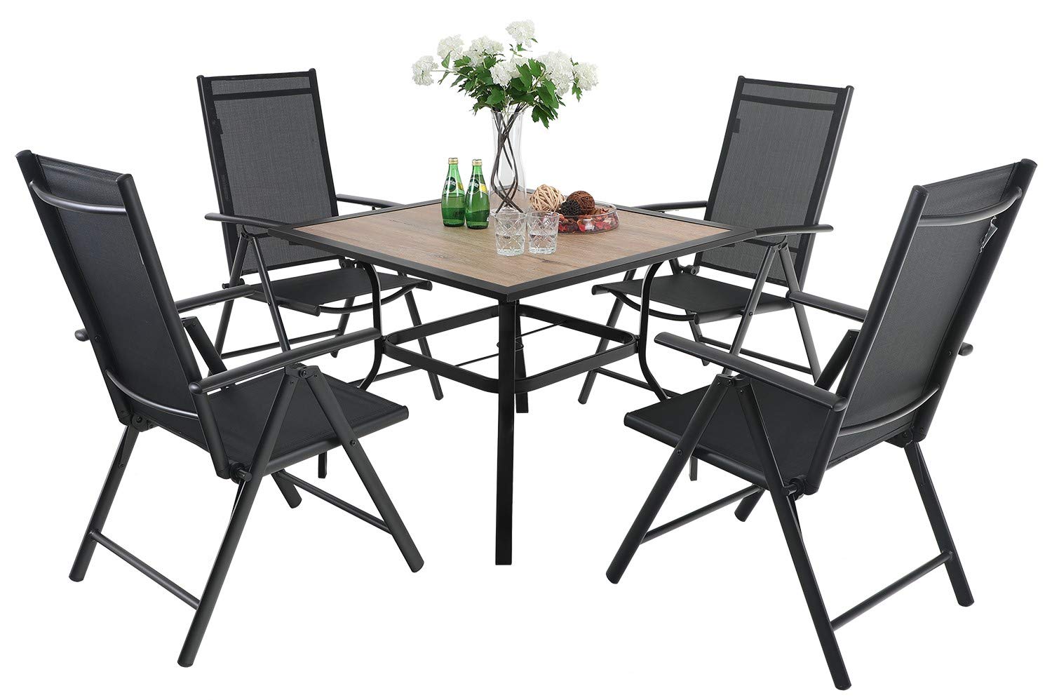 Sophia & William 5-Piece Outdoor Dining Set - 4 Adjustable Foldable Textilene Sling Chairs & 1 Square Table with Wood-Like Table Top & Umbrella Hole - Black Patio Furniture for Backyard, Garden, Poolside or Deck