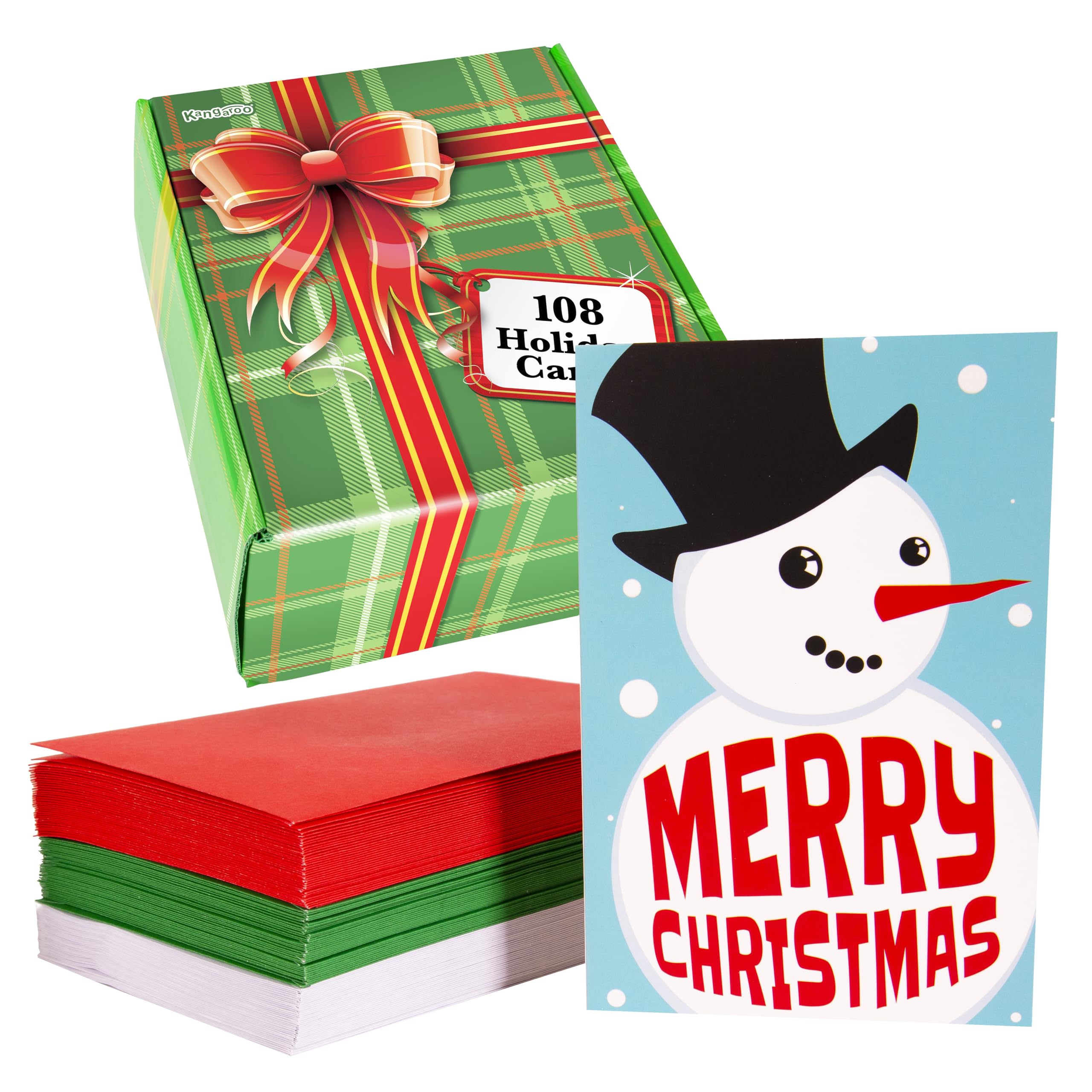 Bulk Kangaroo Christmas Cards Set - 108 Blank Holiday Greeting Cards with Assorted Designs & Red, Green, White Envelopes | Perfect for Office, School, Family Holiday Mailing & Gift Exchanges