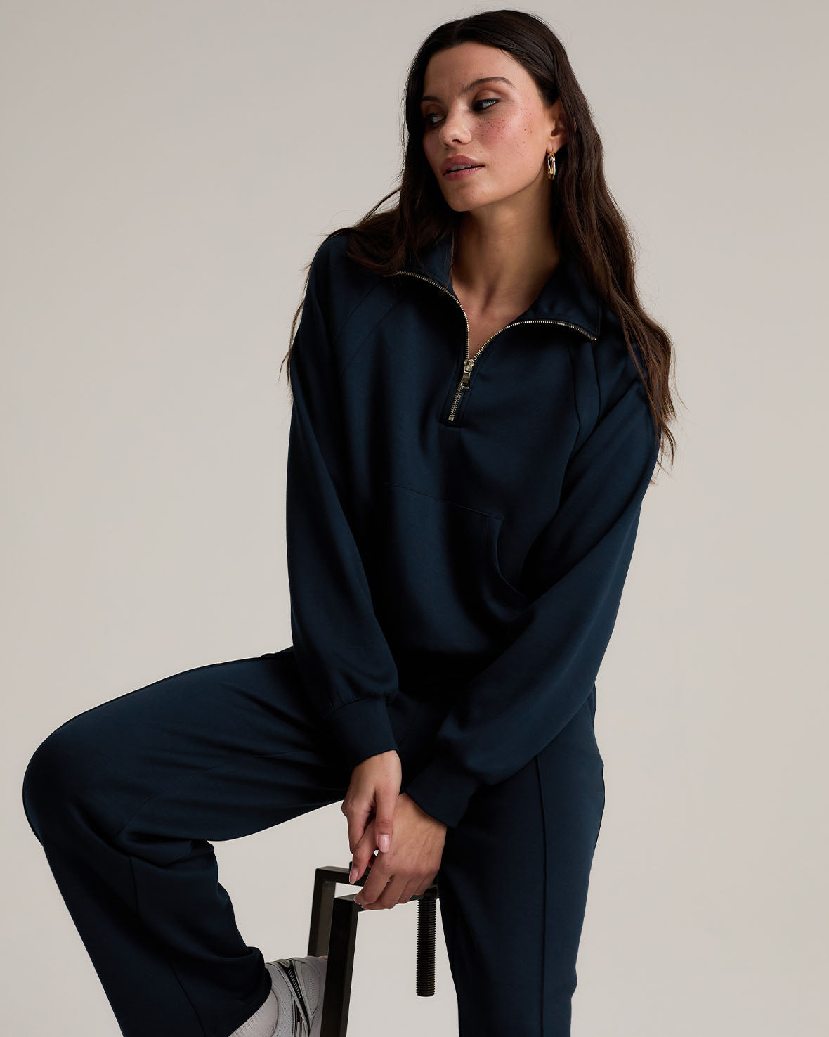 LuxeComfort Scuba Half Zip Sweatshirt for Women - Soft Fleece Pullover with Thumb Holes, Navy Blue - Perfect for Casual Wear, Gym, and Outdoor Activities