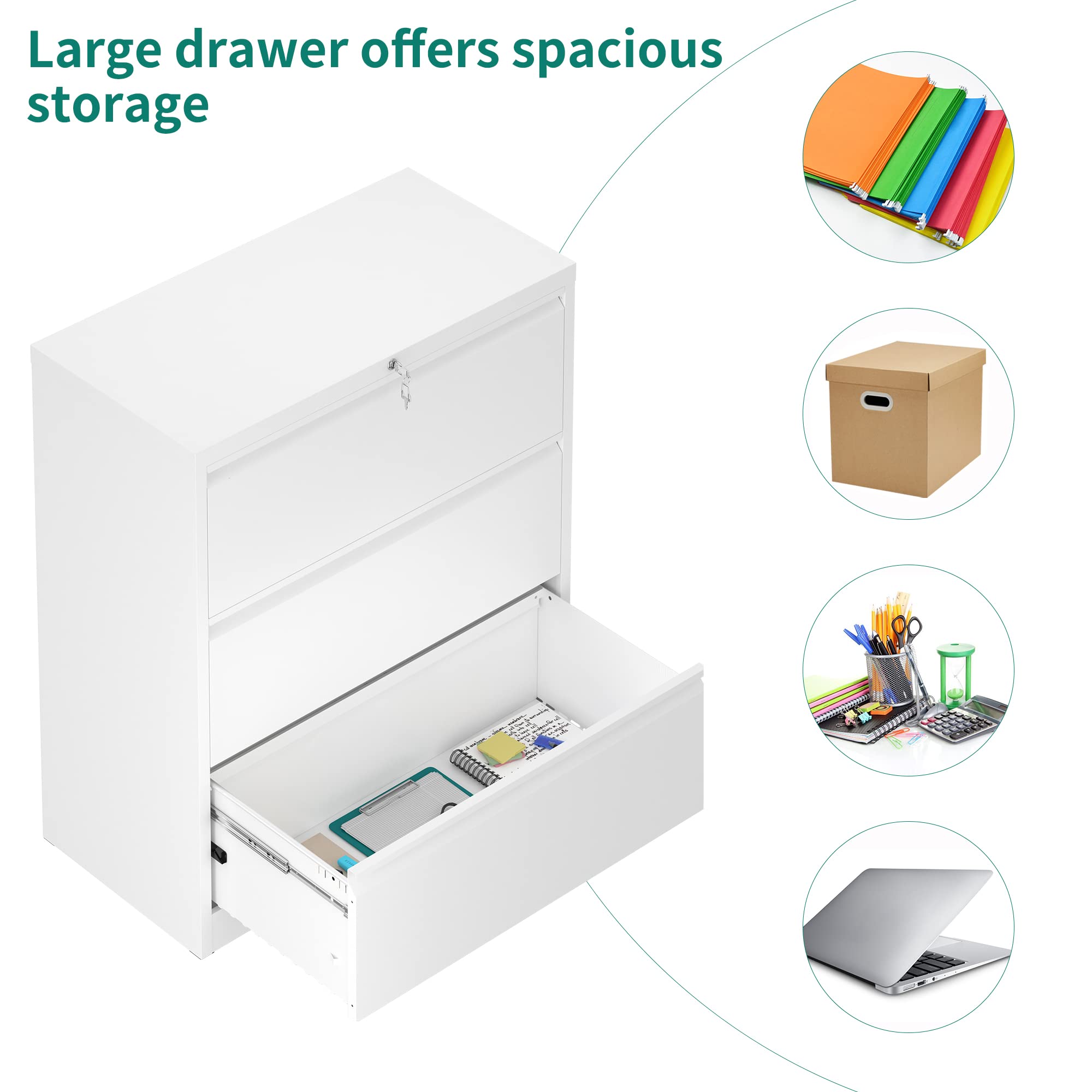 YITAHOME 3-Drawer Locking Lateral File Cabinet - Metal Stainless Steel Office Storage Organizer for Legal/Letter/A4 Documents - White | Perfect for Home Office, Corporate Workspace & School Filing Needs