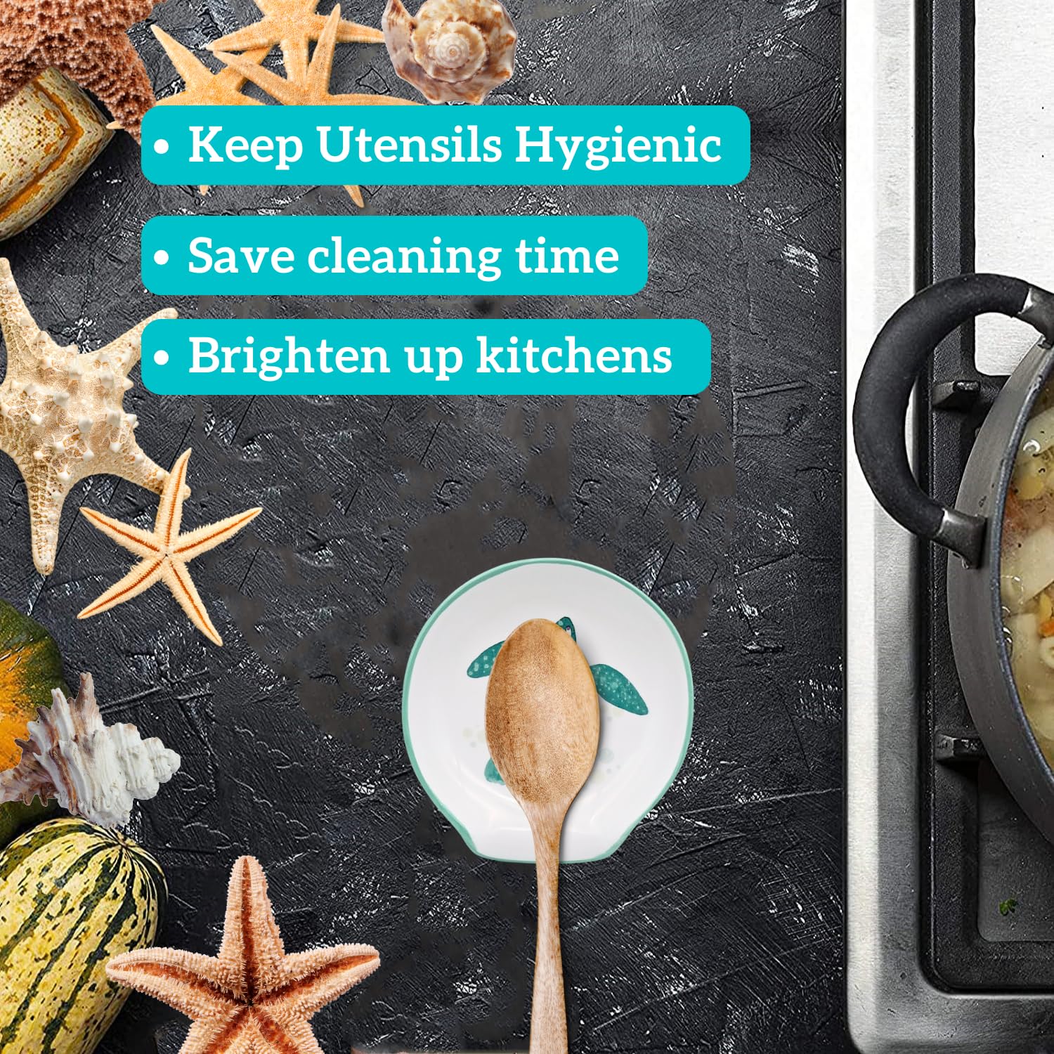Turtle Spoon Rest - Coastal Ocean Nautical Decor, Teal Kitchen Accessories, Turquoise Hawaiian Beach Themed Countertop Decor | Perfect for Stove Top, Kitchen Counter & Cute Sea Turtle Christmas Gifts | Ideal for Beach House, Coastal Kitchen & Tropical Home Decor