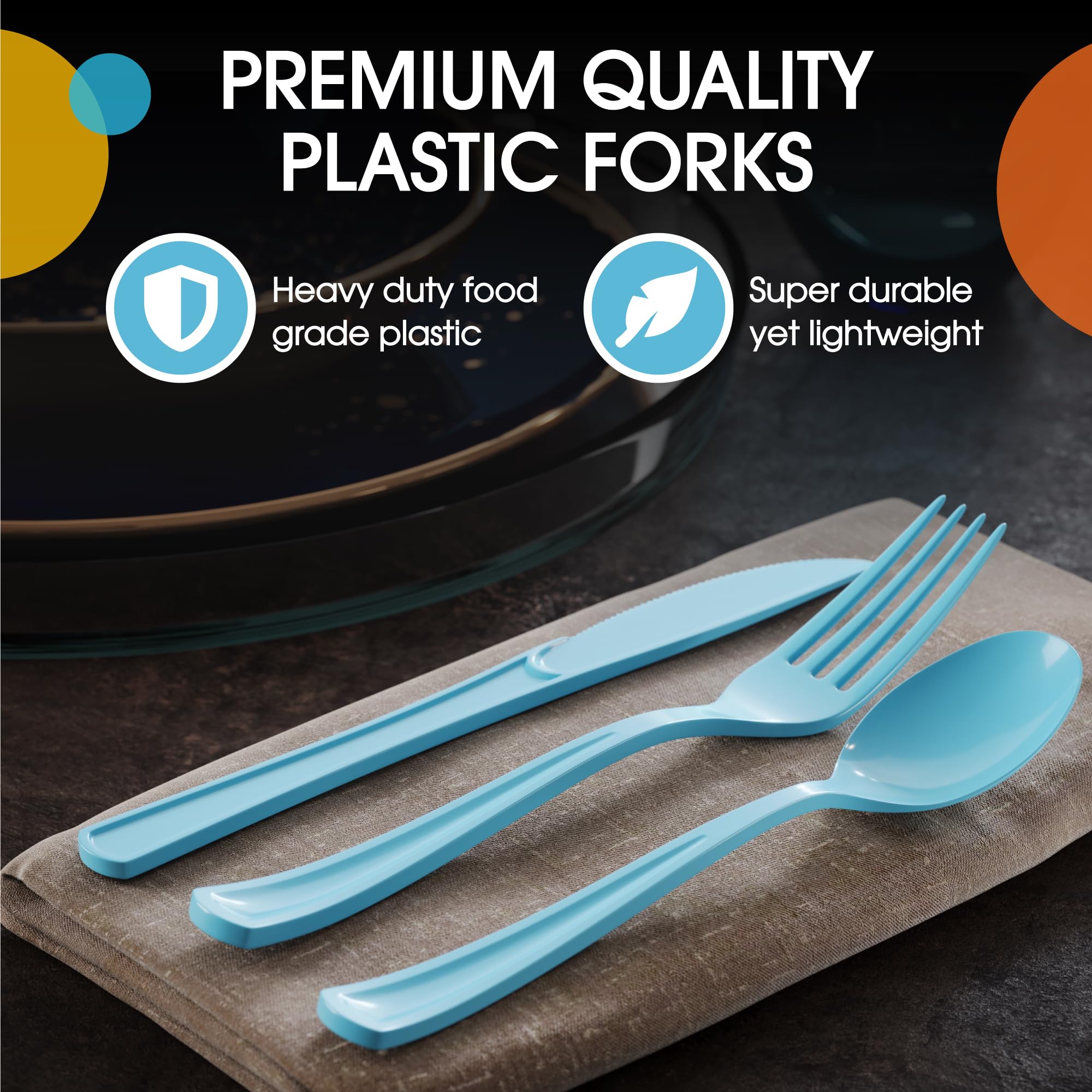Light Blue Heavy Duty Plastic Cutlery Set - 150 Pcs Disposable Utensils (50 Forks, 50 Knives, 50 Spoons) - Durable Party Flatware for Picnics, BBQs, Catering & Events