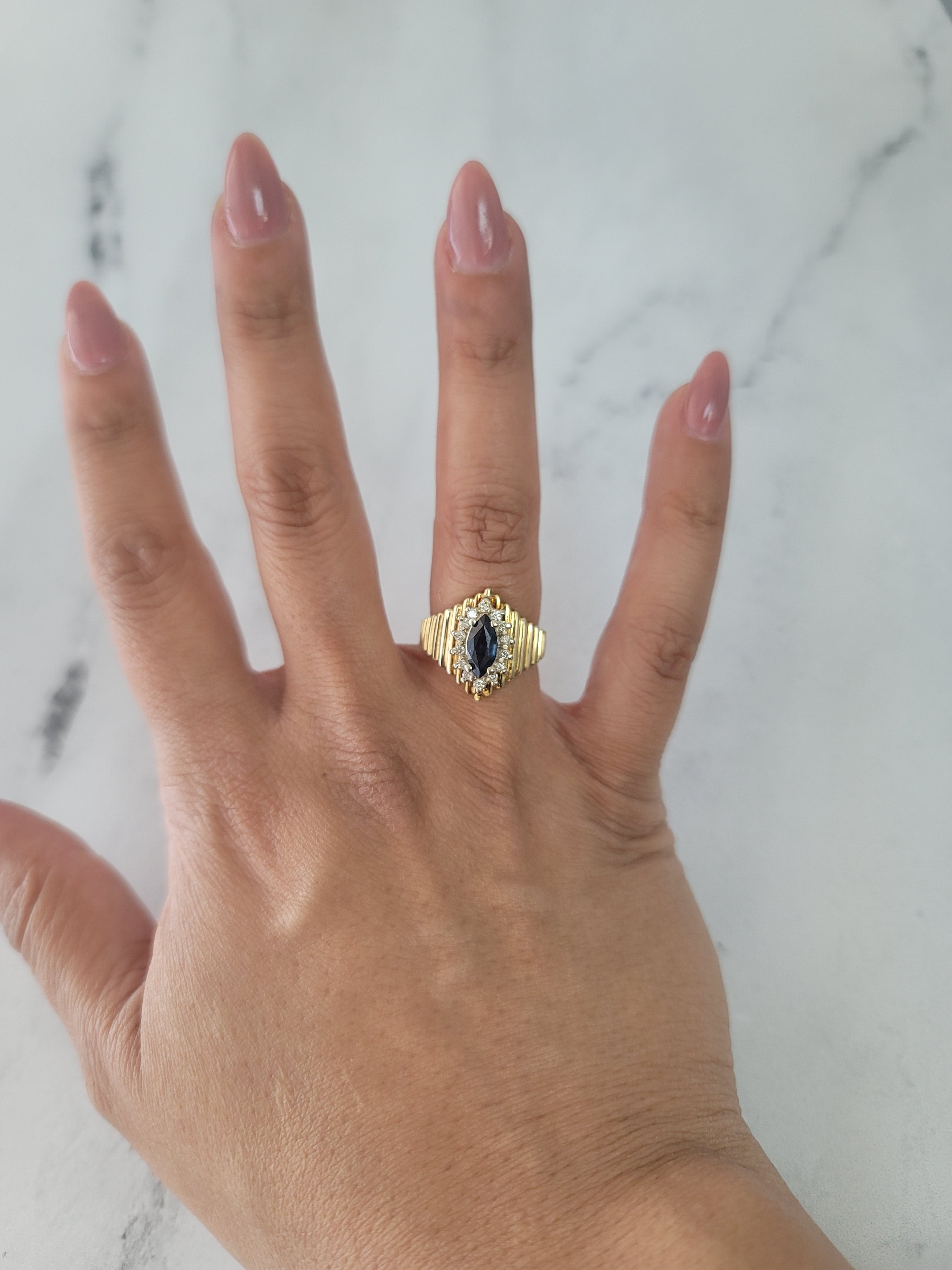 Exquisite Marquise Sapphire & Diamond Halo Ring in 14K Yellow Gold – Perfect for Engagement, Anniversary & Special Occasions