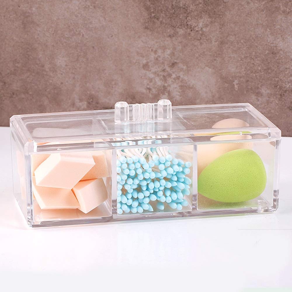 Acrylic Cotton Ball & Swab Organizer - 3 Compartment Dustproof Container for Makeup & Cosmetics - Bathroom & Vanity Storage