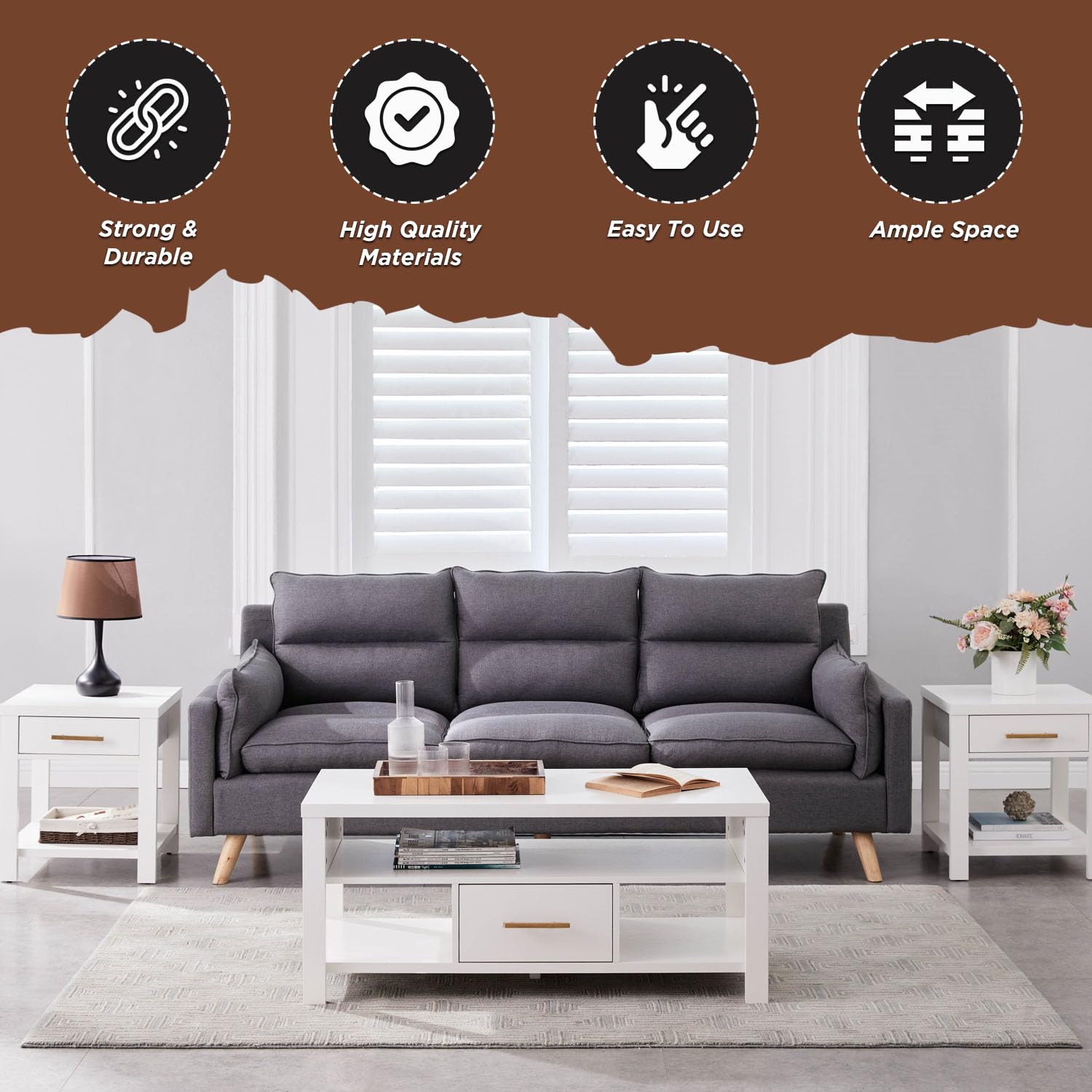 Kings Brand Furniture - Sendero 3-Piece Modern Coffee Table Set with Side Tables, High Storage Living Room Furniture in White - Perfect for Small Spaces, Home Decor & Entertaining Guests