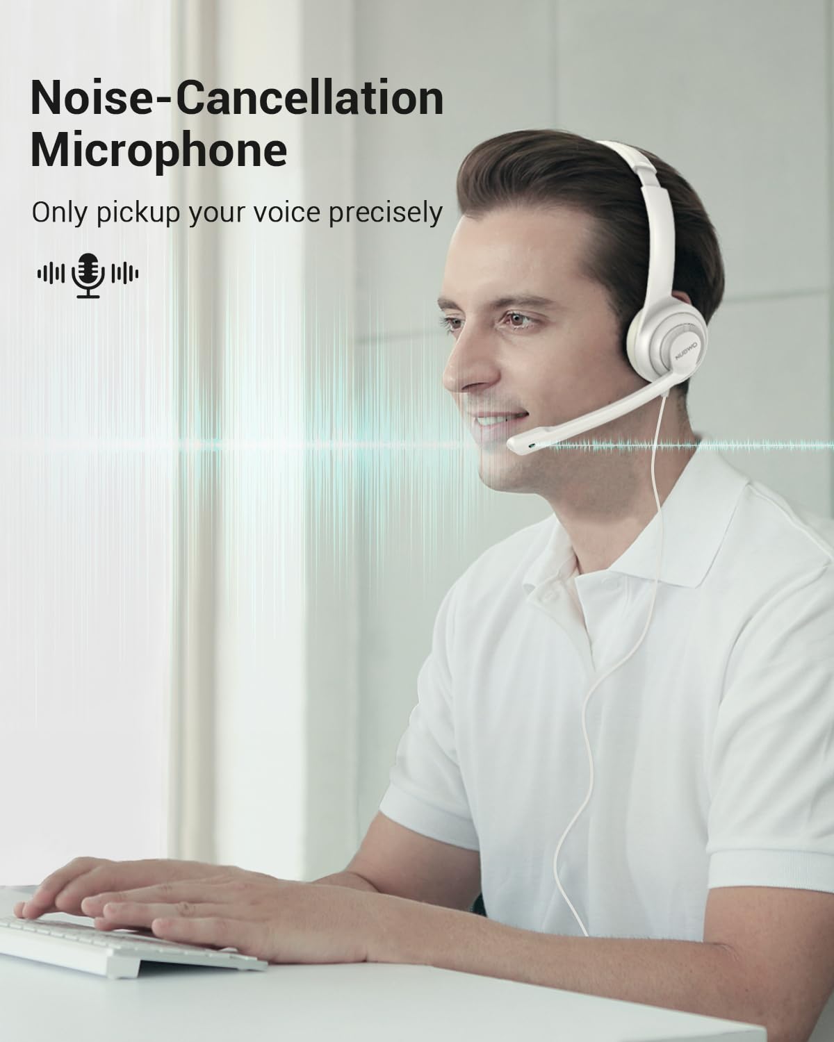 HW02 USB Headset with Microphone - Noise Cancelling Computer Headset with In-Line Volume Control, Lightweight & Comfortable Wired Headphones for PC, Laptop, Office, Call Center - Perfect for Zoom, Skype, Webinars, Online Classes (White)