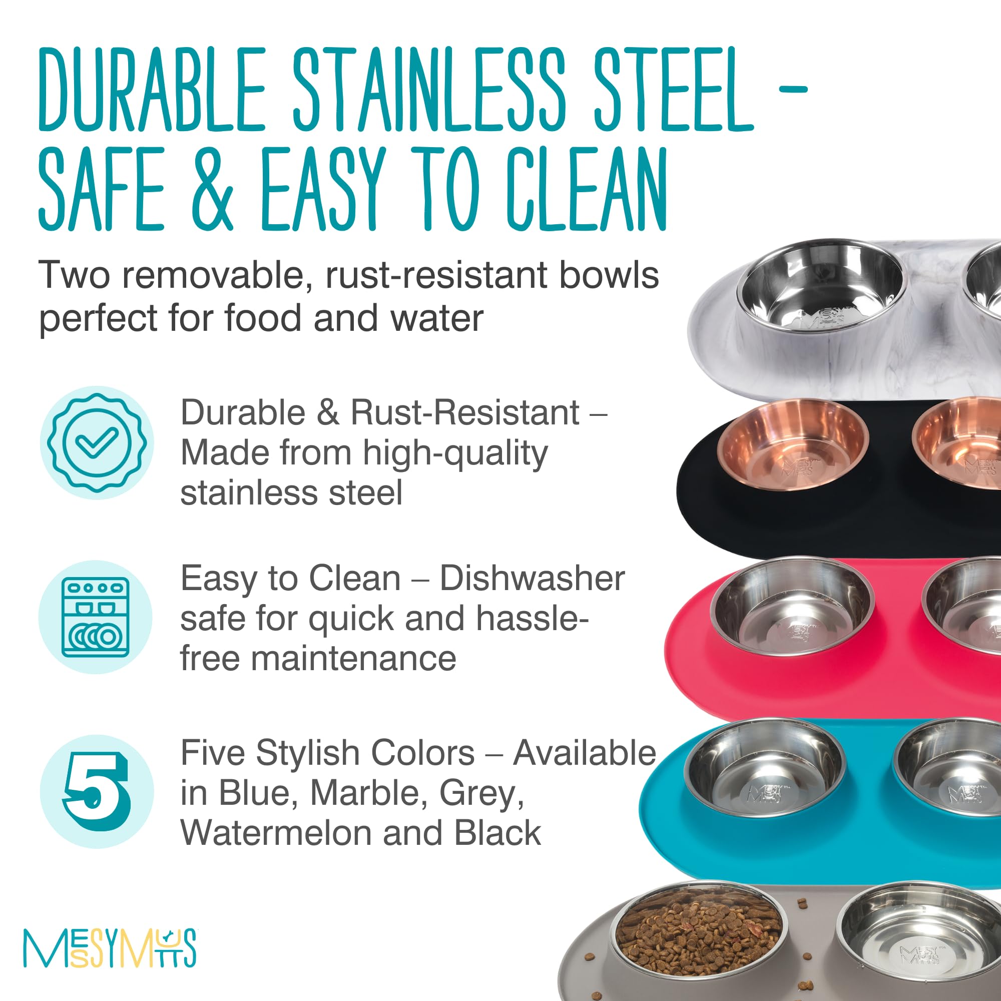 Messy Mutts Double Silicone Dog Feeder with Non-Skid Stainless Steel Bowls - 3 Cups Per Bowl, Large Size for All Pets - Perfect for Mealtime, Travel & Messy Eaters - Marble Design
