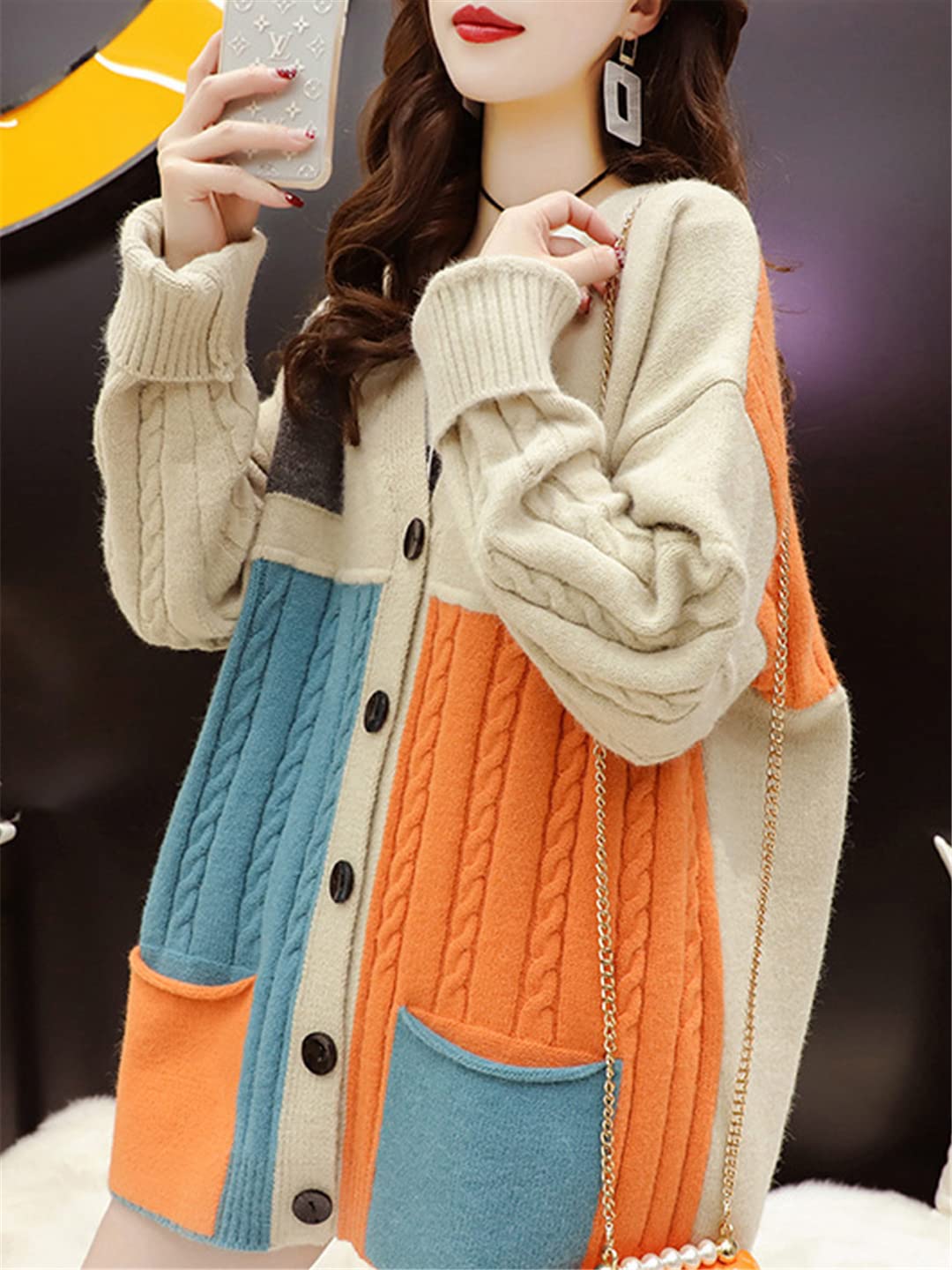 Women's Contrast Knit Cardigan with Pockets - Korean Style Loose Long Sleeve Sweater Jacket for Fall Winter | Cozy Outerwear Coat for Casual Wear, Office & Date Nights