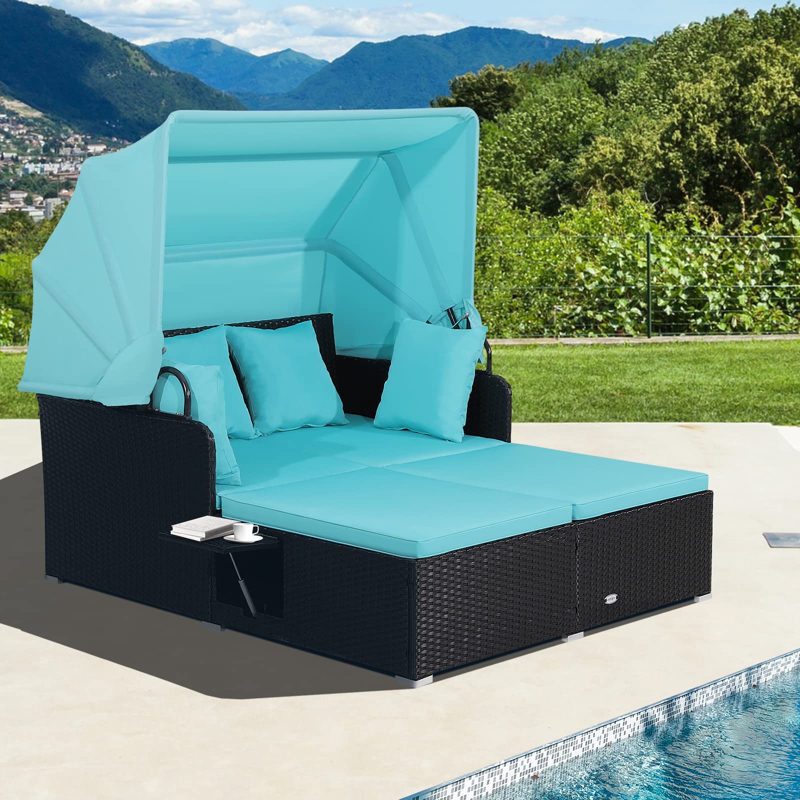 Tangkula Outdoor Rattan Daybed with Retractable Canopy - Wicker Sun Lounger with 2 Foldable Side Panels, Thick Cushions for Patio, Garden, Backyard, Poolside (Turquoise) - Perfect for Relaxing, Sunbathing & Outdoor Lounging