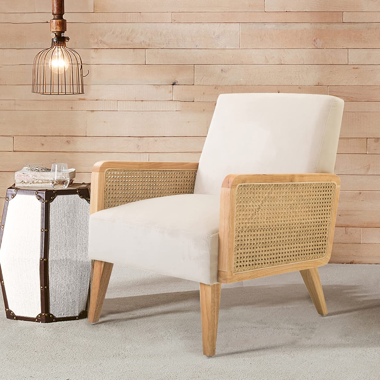 Mid Century Modern Accent Chair with Rattan Armrest & Wood Legs - Comfy Upholstered Lounge Armchair for Living Room, Bedroom, Reading Nook - Beige Home Decor | Perfect for Hosting Guests & Relaxing