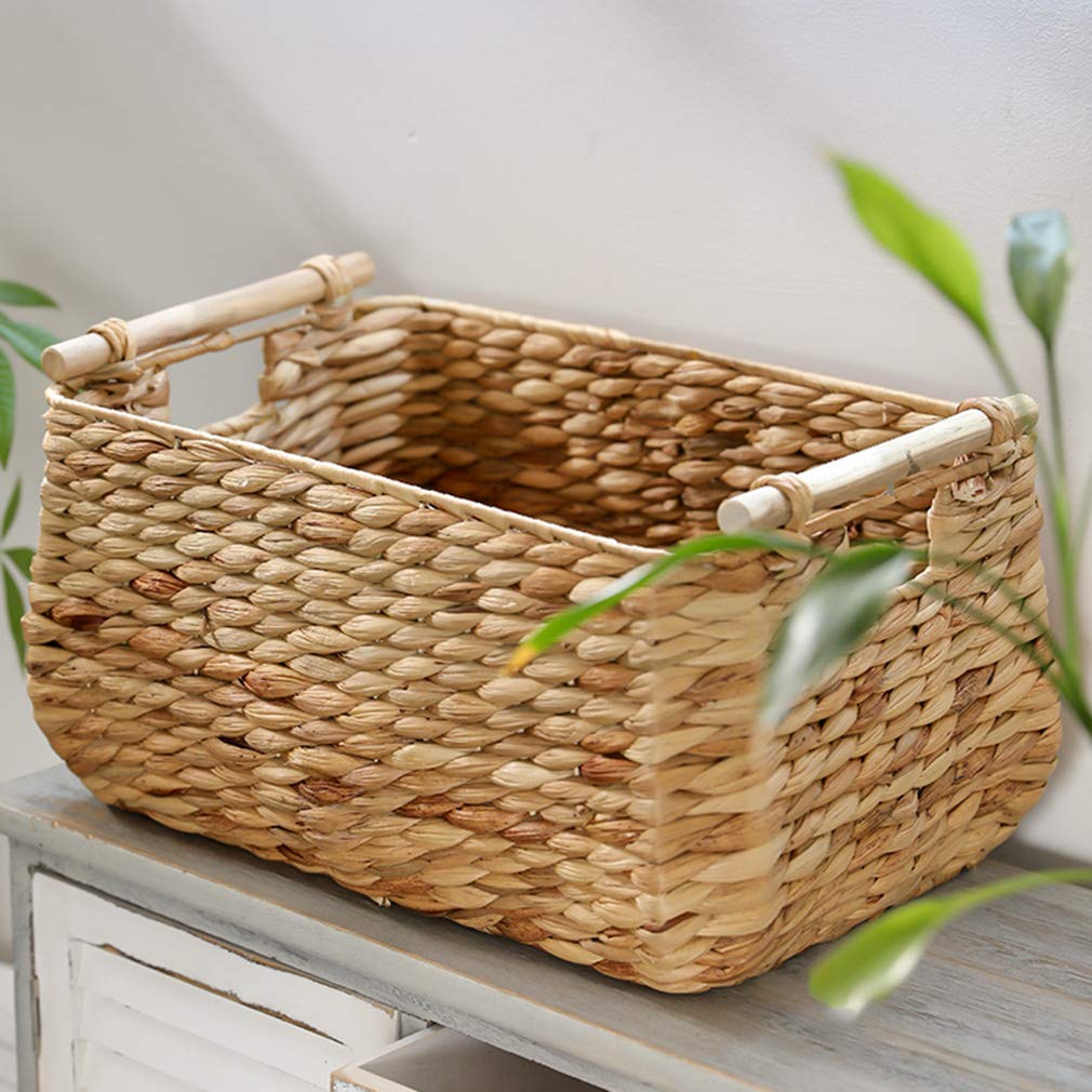 Handwoven Large Storage Baskets with Wooden Handles - Rectangle Organizer for Home Decor, Clothes, Toys & Groceries | Perfect for Living Room, Bedroom & Nursery Organization