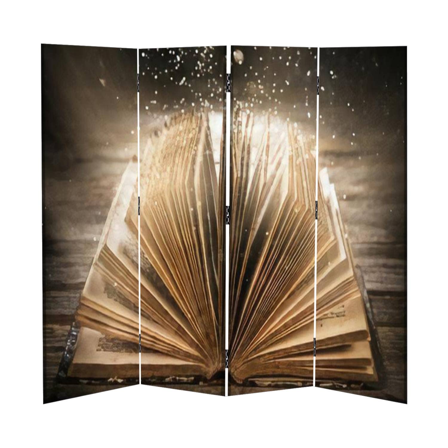 Vintage Canvas Room Divider Screen - 4 Panel Folding Privacy Partition with Old Open Magic Book Design on Wooden Table - Mystic Bright Light Accent for Home Office, Bedroom & Studio Decor | Perfect for Creating Private Spaces in Living Rooms, Yoga Studios or Event Backdrops