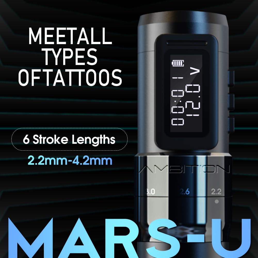 Professional Rotary Cartridge Tattoo Machine Pen - Ambition MARS-U Wireless Tattoo Gun with Adjustable Stroke, 1800mAh Power Coreless Motor & Digital LED Display | Perfect for Tattoo Artists, Body Art Professionals & Studio Use