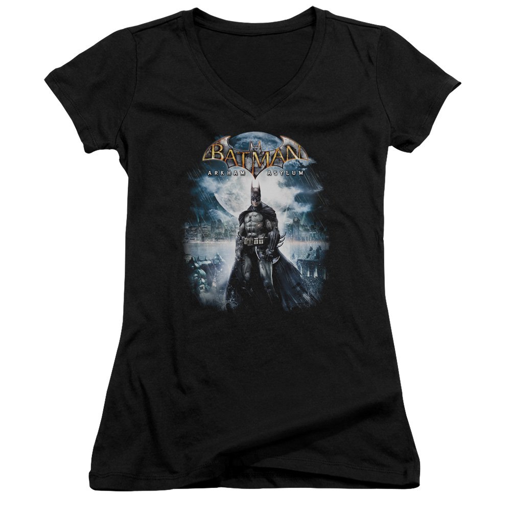 Batman Arkham Asylum Game Cover Juniors' Sheer Fitted V-Neck T-Shirt - Cool Graphic Tee for Gaming Fans & Superhero Lovers