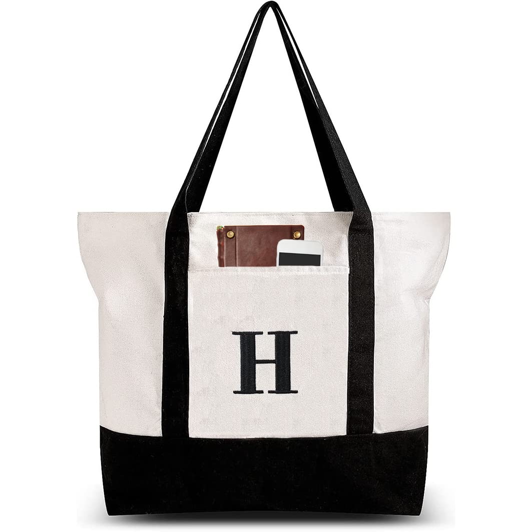 Personalized Initial Canvas Beach Bag with Zipper - for Women, Moms & Travel