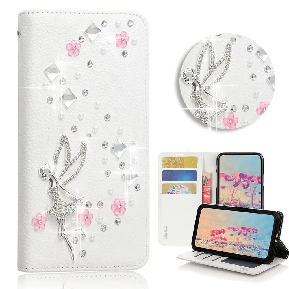 STENES Bling Wallet Phone Case for OnePlus Nord N200 5G - 3D Handmade Floral Design Magnetic Leather Cover with Stand - White - Perfect for Girls Fashion Accessories & Everyday Use