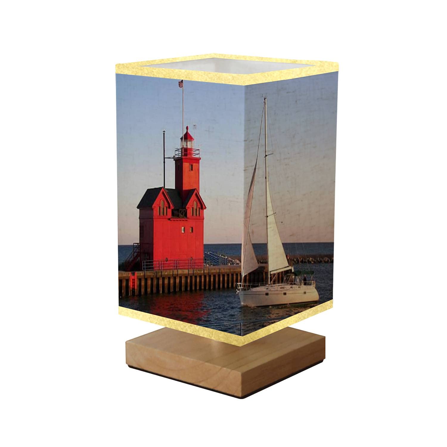 Red Lighthouse & Sailboat Wooden Base Table Lamp with Flaxen Fabric Shade - Dimmable Nightstand Lamp for Bedroom, Living Room, Office | Perfect for Coastal Decor, Reading Nook & Bedside Lighting
