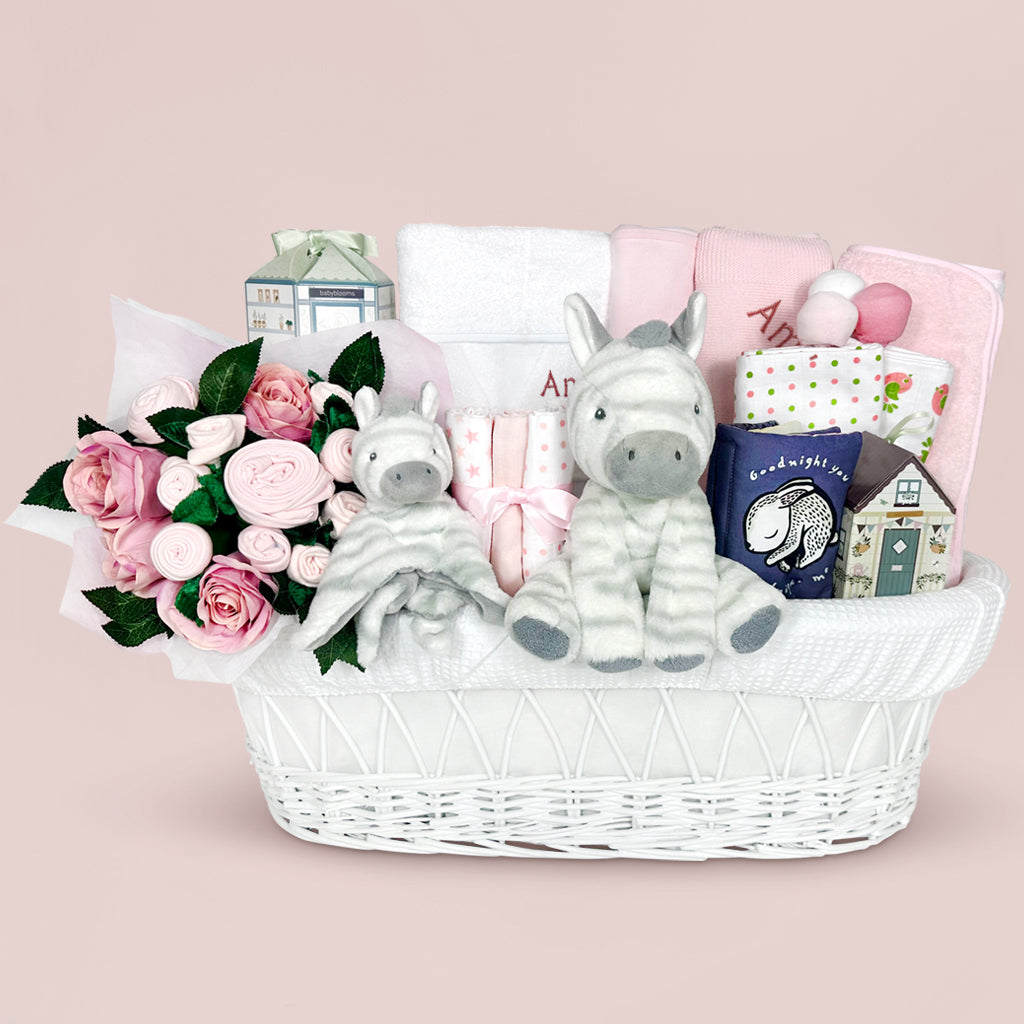 Personalized Zachary Zebra Moses Basket Baby Hamper in Pink - Perfect for Newborn Gifts, Baby Showers & Nursery Decor