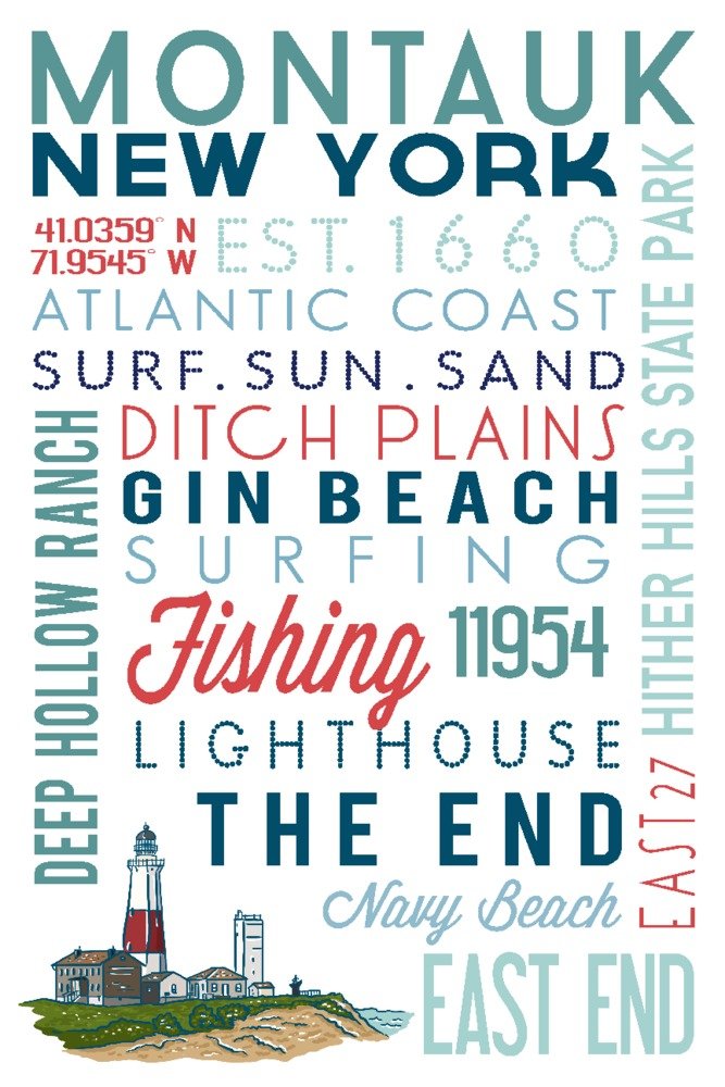 Lantern Press Montauk New York Typography Art - 16x24 Wrapped Canvas Wall Decor for Living Room, Bedroom & Office - Coastal Inspired Home Decor