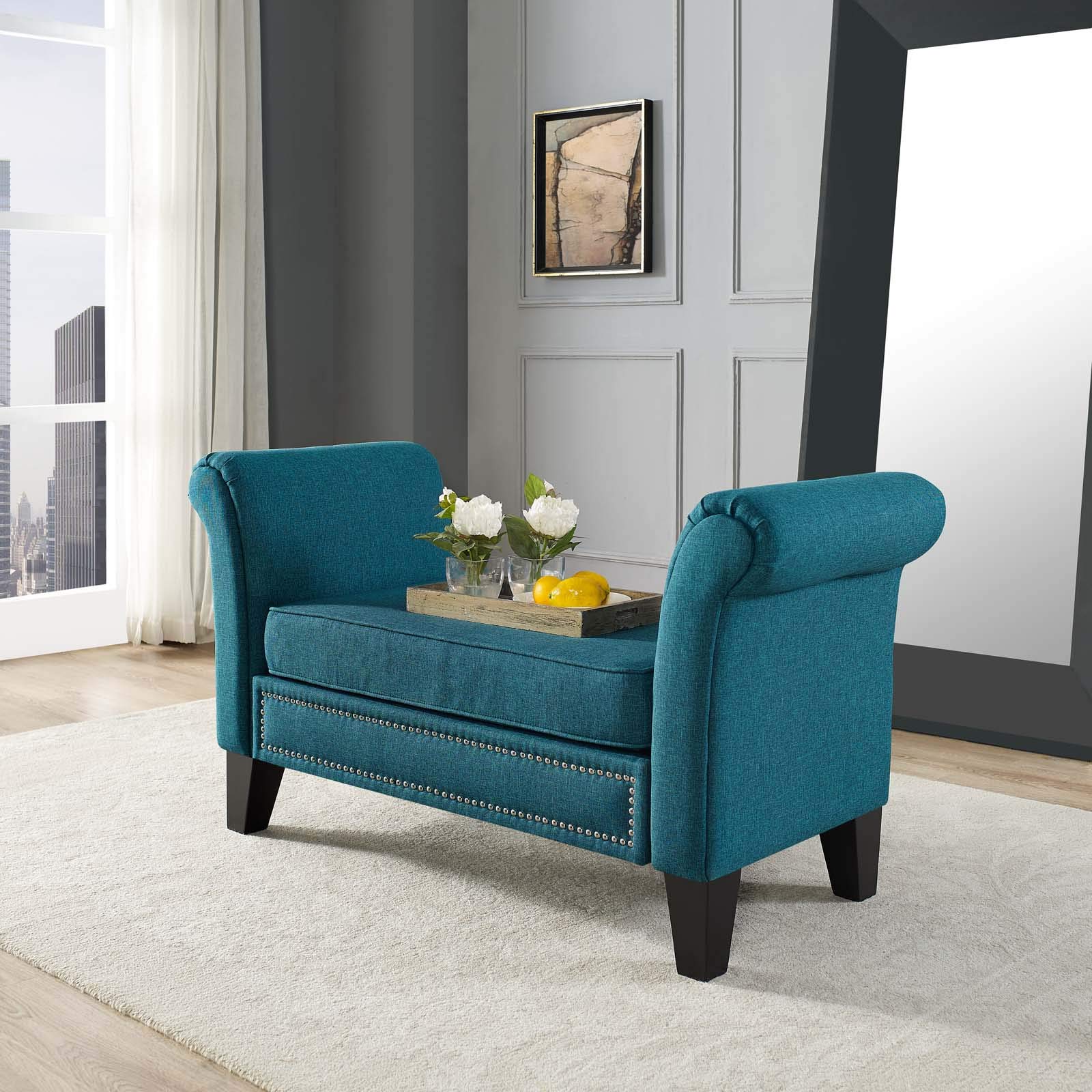 Modern Contemporary Accent Chair - Urban Design Living Room Lounge Club Lobby Bench with Fabric Upholstery in Aqua Blue - Perfect for Home, Office, Hotel and Commercial Spaces