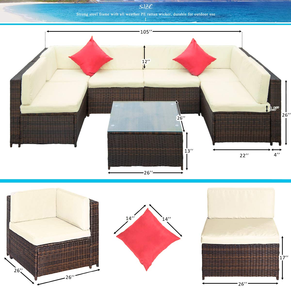 7-Piece Outdoor Patio Furniture Set - All-Weather Rattan Wicker Sectional Sofa with Cushions & Tempered Glass Coffee Table - Beige - Perfect for Backyard, Garden, Poolside & Patio Relaxation