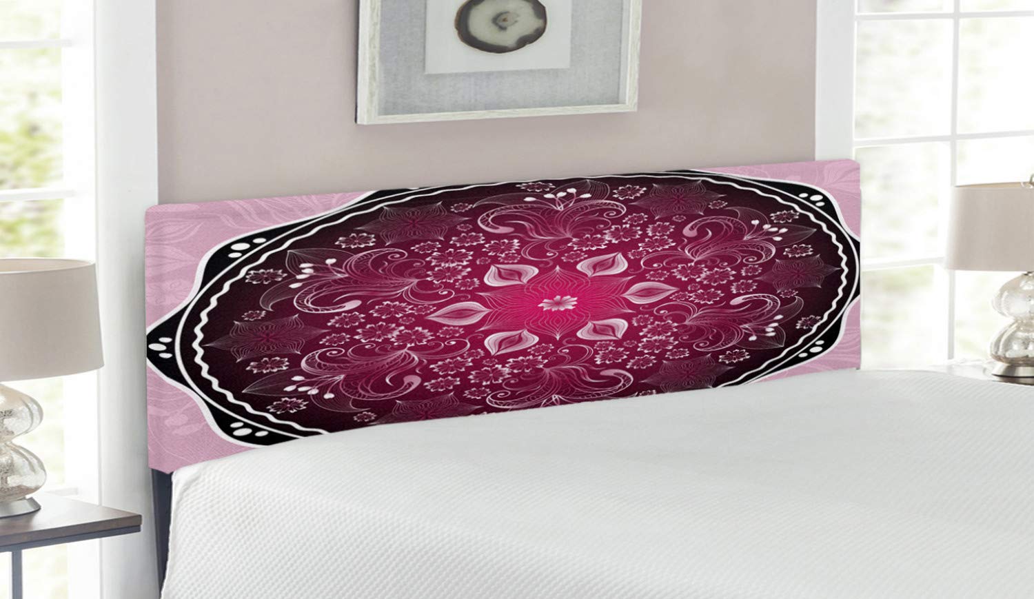 Ambesonne Purple Mandala Headboard - Queen Size Upholstered Metal Bed Frame with Memory Foam | Baroque Inspired Eastern Pattern Renaissance Design in Pale Pink Maroon Black | Perfect for Master Bedroom, Guest Room & Bohemian Home Decor