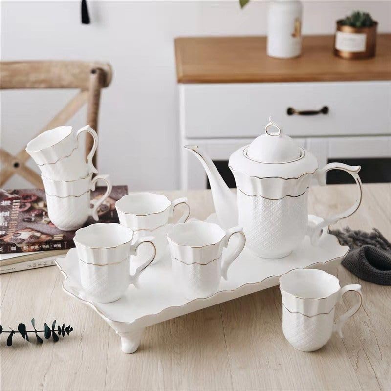 14-Piece Porcelain Tea Set with Gold Spoon - Elegant Ceramic Teapot, Coffee Cups & Tea Party Tray - Perfect for Afternoon Tea, Bridal Shower & Hostess Gift